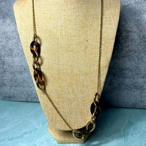 Vintage NRQ faux tortoise chain link long gold tone necklace